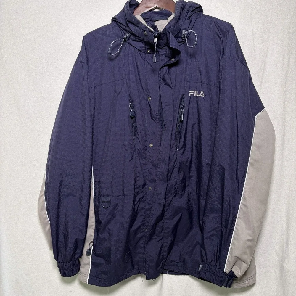 FILA Blue‎ Gray Ski Snowboard Reflective Hooded Jacket Coat Men's XXL Vintage